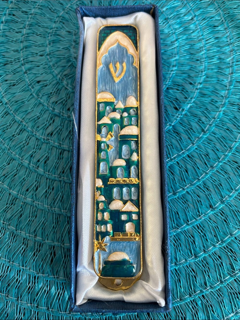 Mezuzah from Israel enameled brass. Beautiful old Jerusalem scene